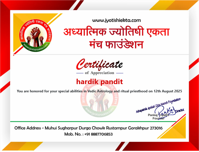 Certificate of recognition for Astrologer Hardik